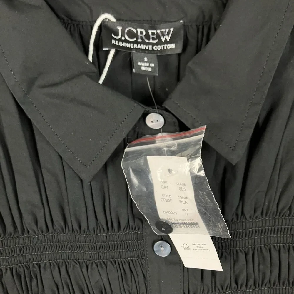 J Crew Elsie Shirt Dress Womens S Black Cotton Poplin Smocked Button Up Preppy